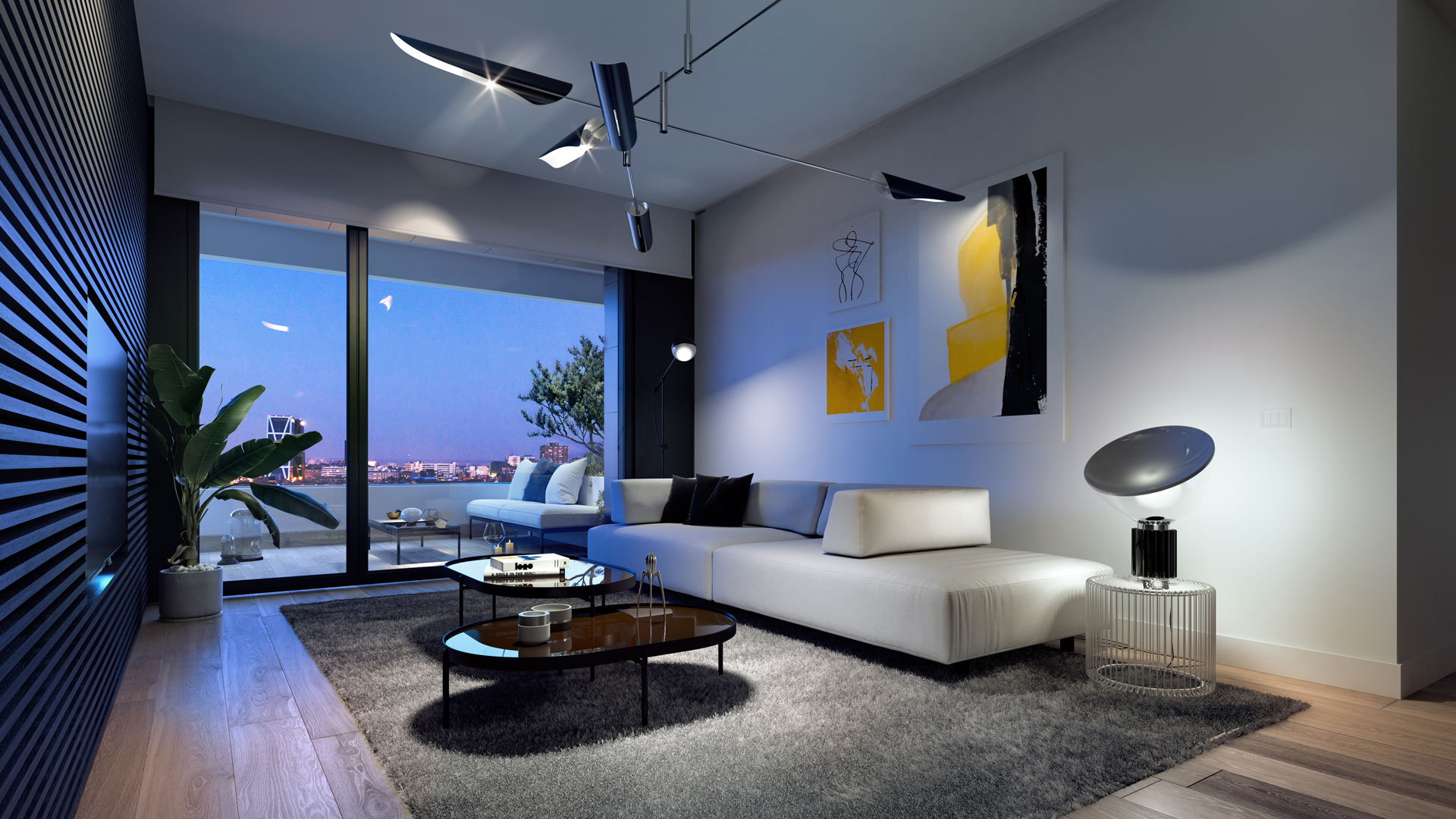 Interior 1-bedroom lounge area with views towards Azca.