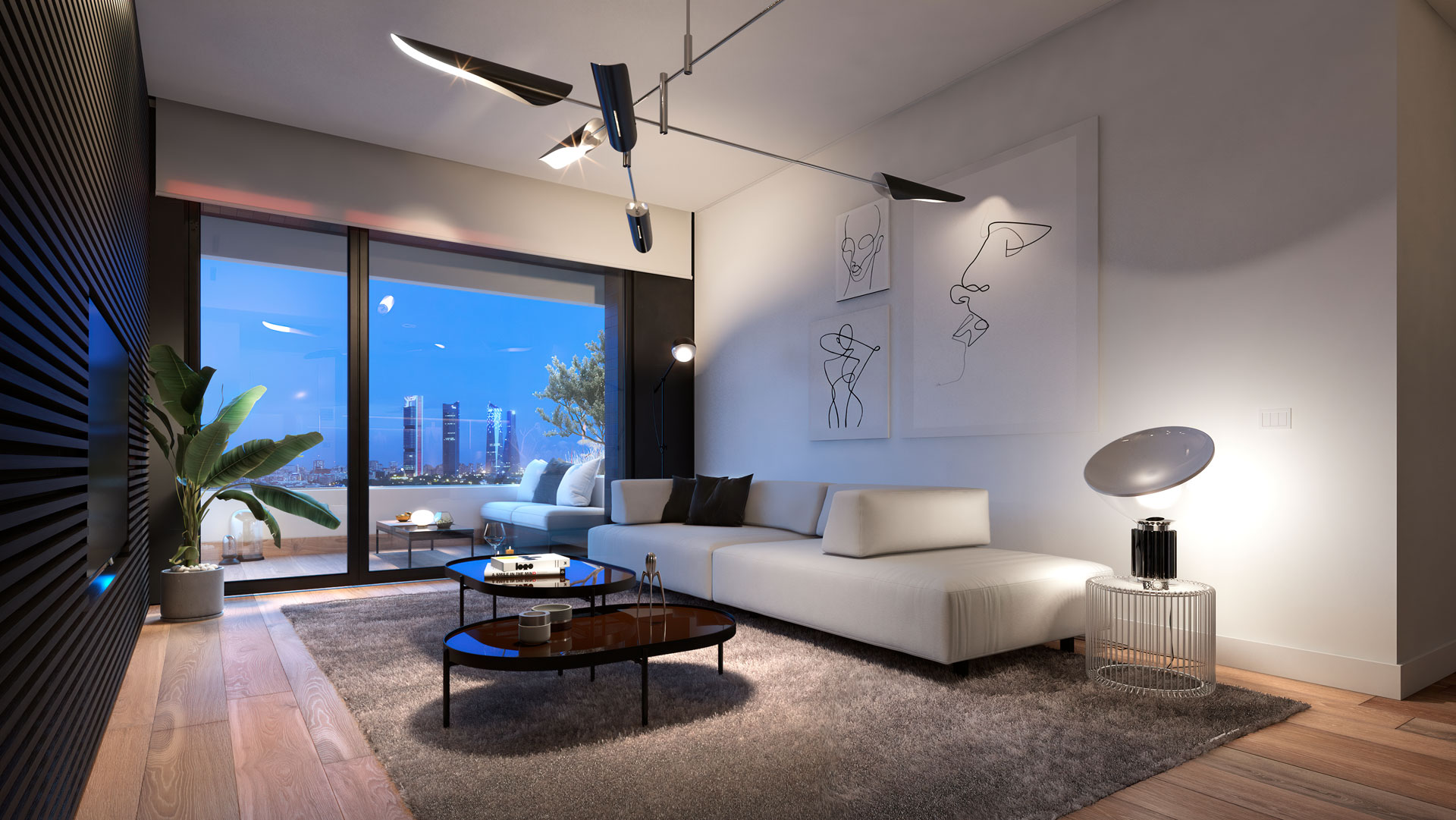 Interior living room of the 2-bedroom home with views to Cuatro Torres Business Area