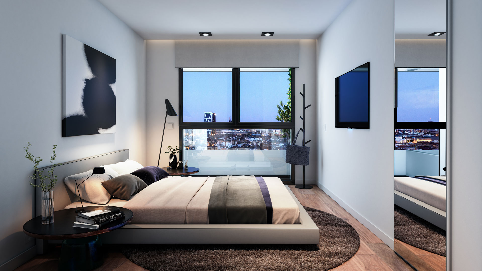 Bedroom of 1-bedroom residence with unbeatable views over Azca.