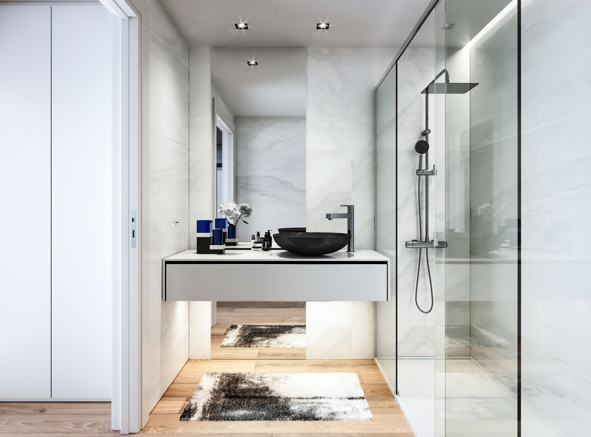Main bathroom with walk-in shower.
