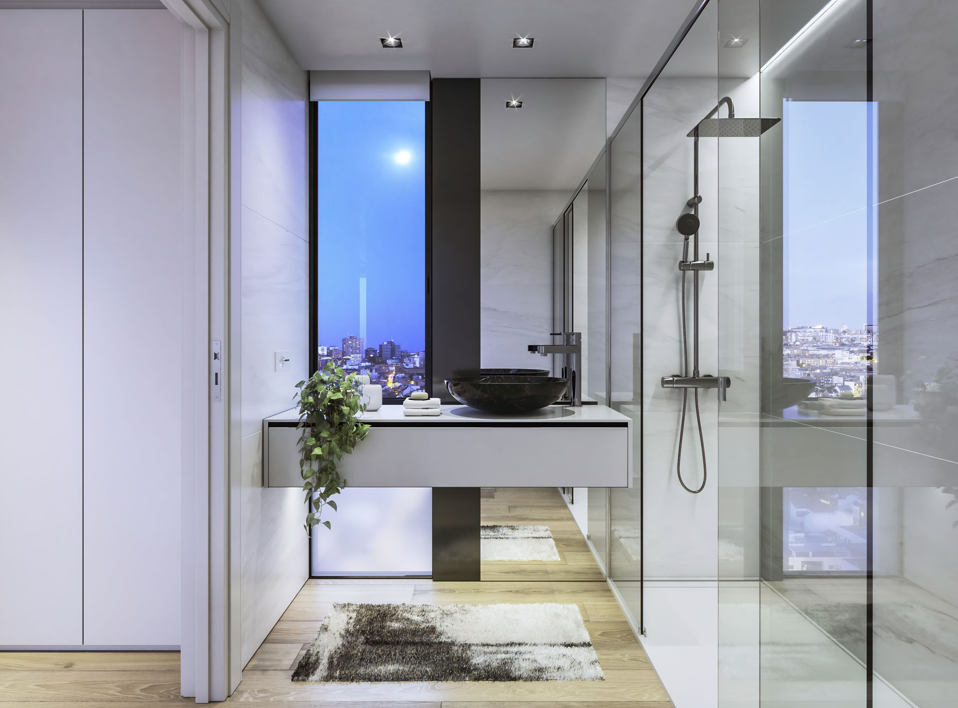 Special bathroom with views of Plaza Castilla